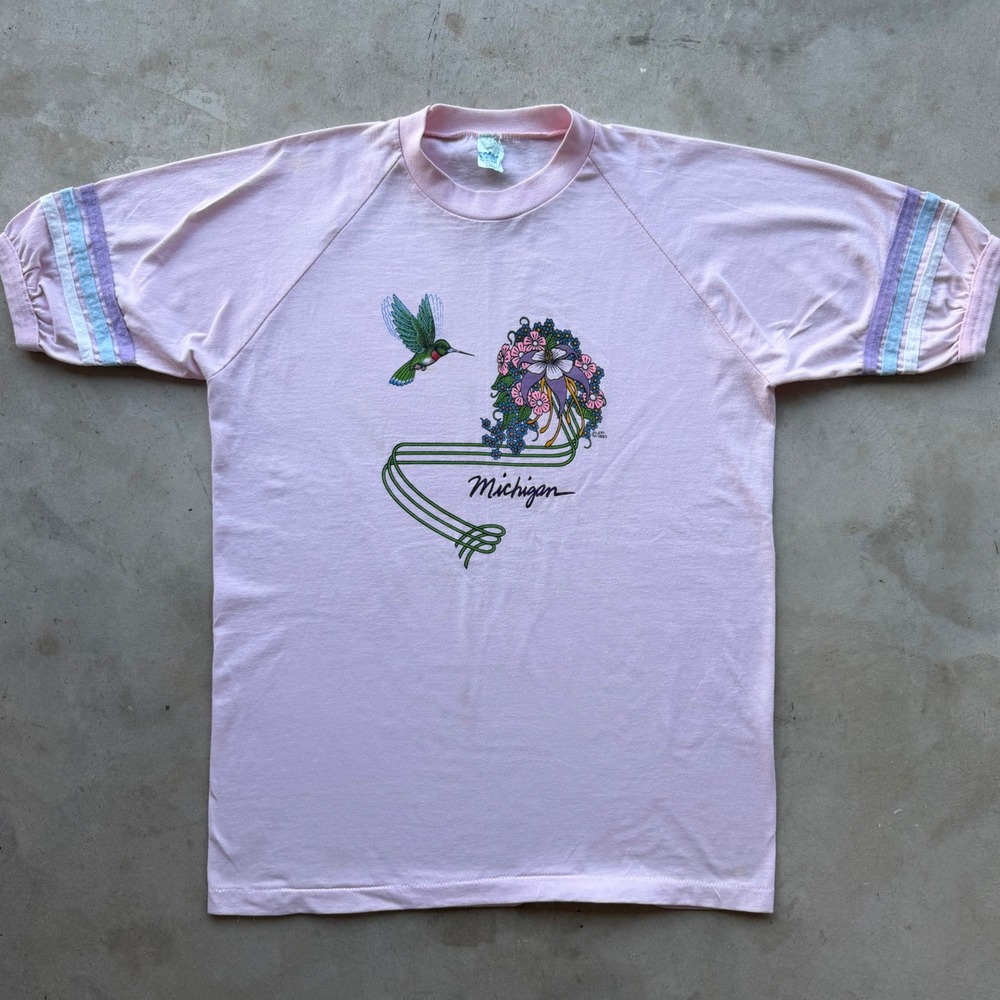 Vintage 1983 Michigan Hummingbird T Shirt Pink Raglan Sporty Large Single Stitch